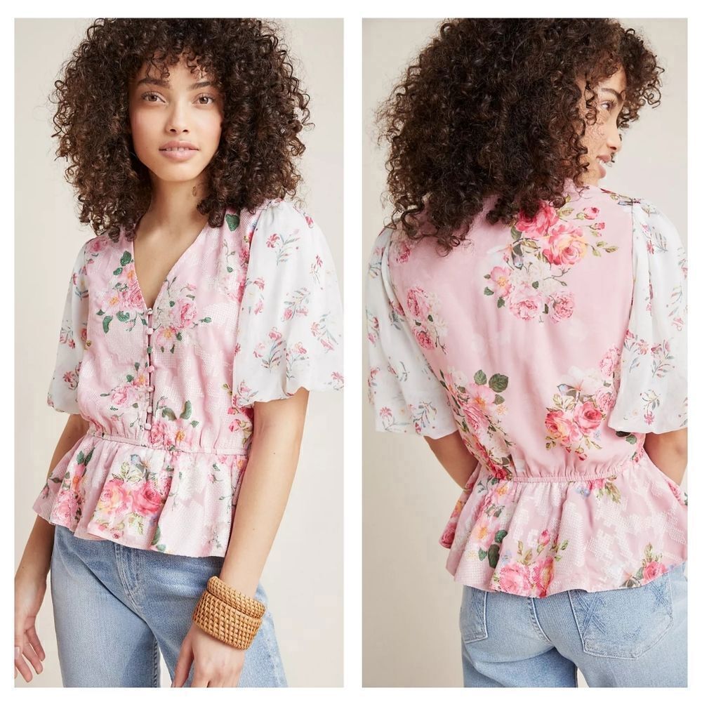 Anthropologie Hemant & Nandita Floral Embroidered Blouse